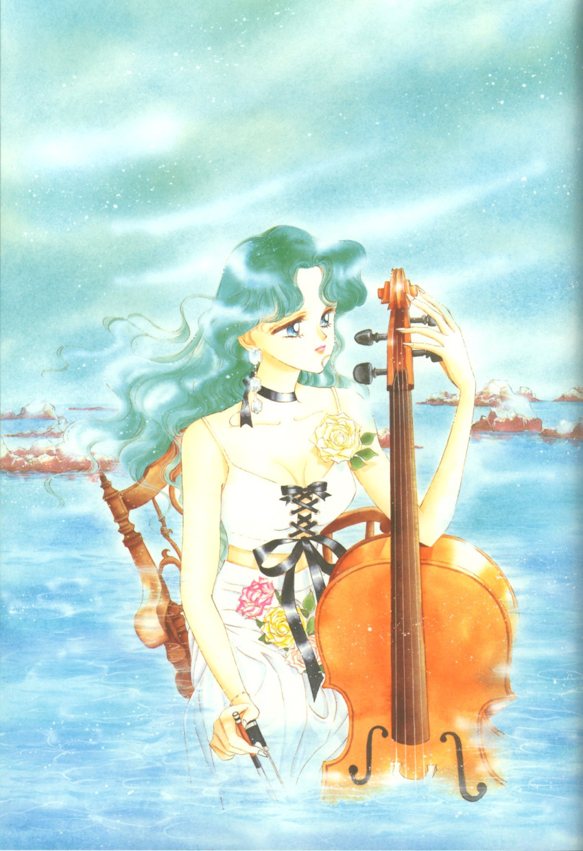 1girl 90s bare_arms bishoujo_senshi_sailor_moon blue_eyes cello chair choker commentary dress earrings flower green_hair highres instrument jewelry kaiou_michiru lips long_hair music ocean official_art partially_submerged pink_rose ribbon ribbon_choker rose solo takeuchi_naoko water wavy_hair yellow_rose