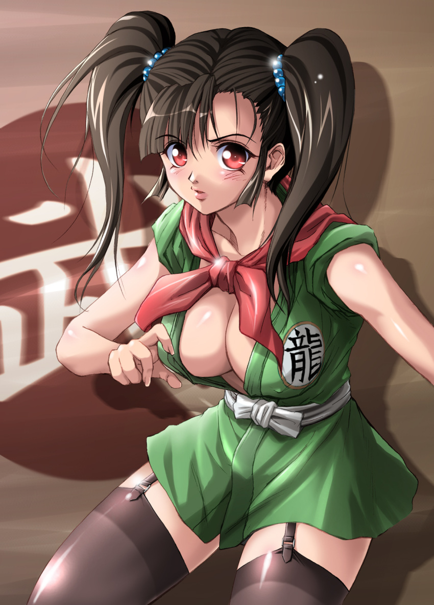 1girl black_hair blush breasts chunsoft cleavage dragon_quest dragon_quest_iii enix fighter_(dq3) highres huge_breasts red_eyes shinozuka_jouji short_twintails solo thigh-highs twintails