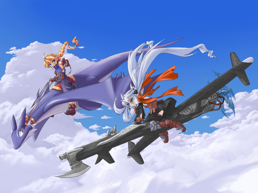 2girls borrowed_character clouds dragon flying girl_with_a_blonde_braid_(tomoshibi_hidekazu) highres mof mof's_silver_haired_twintailed_girl multiple_girls original redrantem's_orange_haired_girl