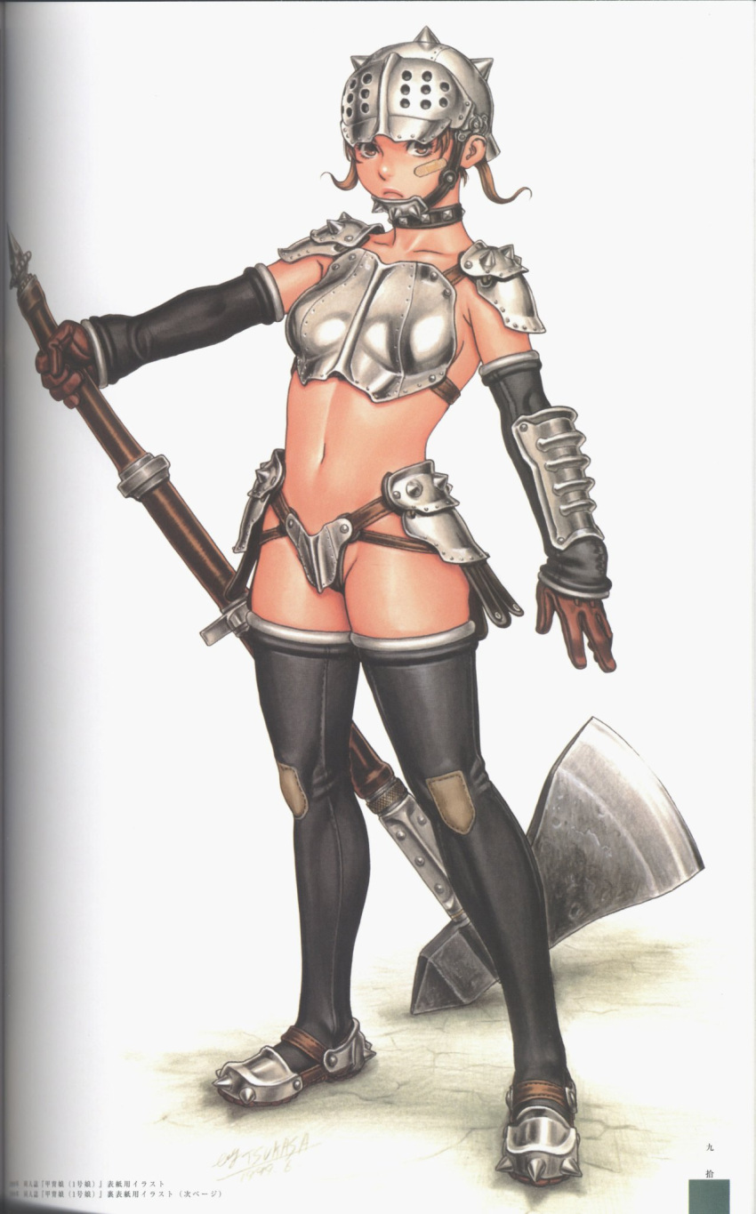 1girl armor axe bandaid bandaid_on_face boots breastplate brown_eyes brown_hair full_body helmet highres original realistic scan scan_artifacts solo standing steel thigh-highs thigh_boots tsukasa_jun warrior weapon