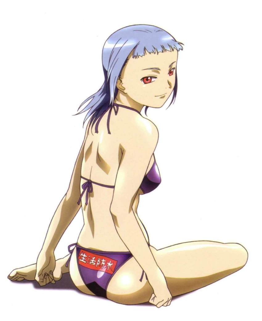 00s 1girl ass back bangs bikini blue_hair blunt_bangs breasts clenched_hands closed_mouth clothes_writing from_side full_body highres hisayuki_hirokazu light_smile looking_at_viewer looking_back miyu_greer my-hime official_art purple_bikini red_eyes scan shadow shiny shiny_skin side-tie_bikini sideboob silver_hair simple_background sitting skindentation smile solo string_bikini swimsuit translated under_boob white_background