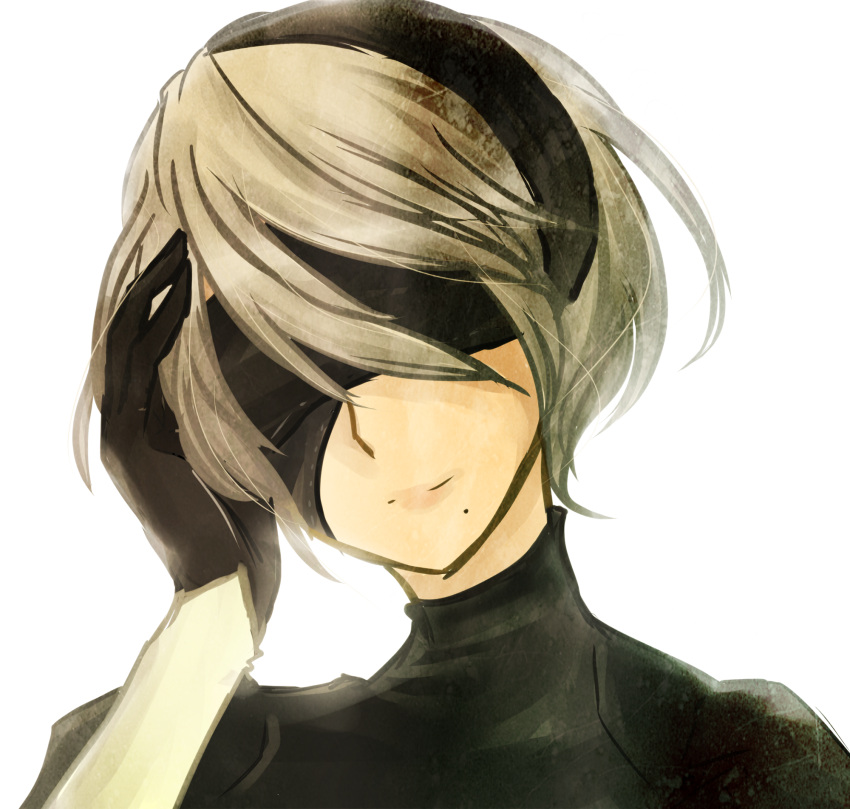 1girl alternate_hair_color black_gloves black_hairband blindfold blonde_hair closed_mouth facing_viewer gloves hairband hand_on_own_head head_tilt highres mole mole_under_mouth nier_(series) nier_automata portrait roos-vicee short_hair solo yorha_unit_no._2_type_b