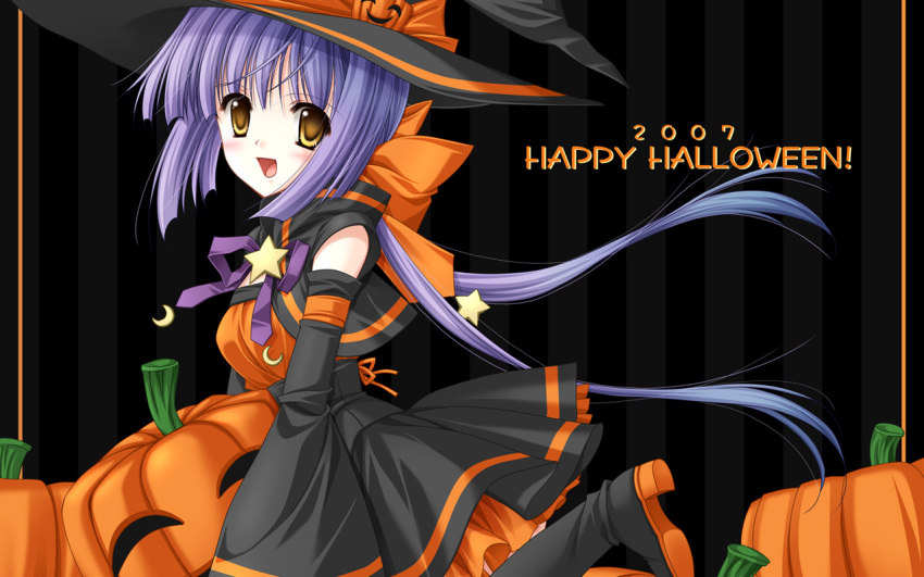 00s 1girl 2007 boots detached_sleeves food_themed_hair_ornament hair_ornament halloween happy_halloween hasegawa_yukino hat jack-o'-lantern pumpkin pumpkin_hair_ornament purple_hair short_hair skirt smile solo wallpaper witch_hat yellow_eyes