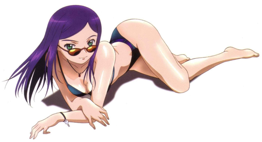 00s 1girl bangs barefoot belt bikini black_bikini bracelet breasts cleavage closed_mouth crossed_arms from_side full_body green_eyes highres hips hisayuki_hirokazu jewelry key kuga_natsuki light_smile long_hair lying my-hime necklace official_art on_side on_stomach parted_bangs purple_hair scan shadow shiny shiny_skin simple_background smile solo swept_bangs swimsuit white_background