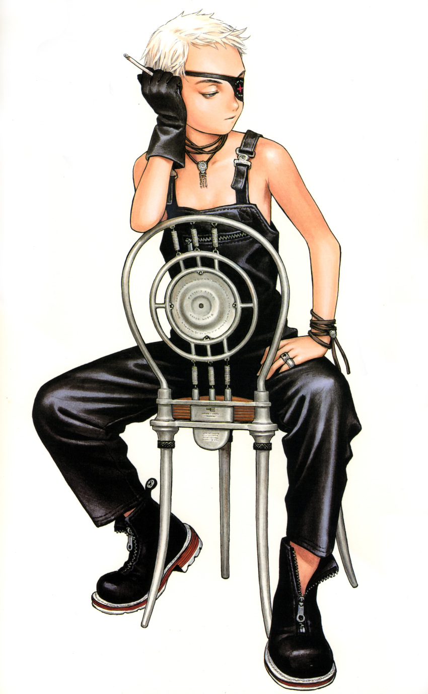 absurdres androgynous ankle_boots boots bracelet chair cigarette eyepatch flat_chest form_code gloves hand_on_hip highres hips jewelry murata_renji naked_overalls necklace overalls reverse_trap ring scan short_hair simple_background single_glove sitting sitting_backwards solo unzipped white_hair zipper