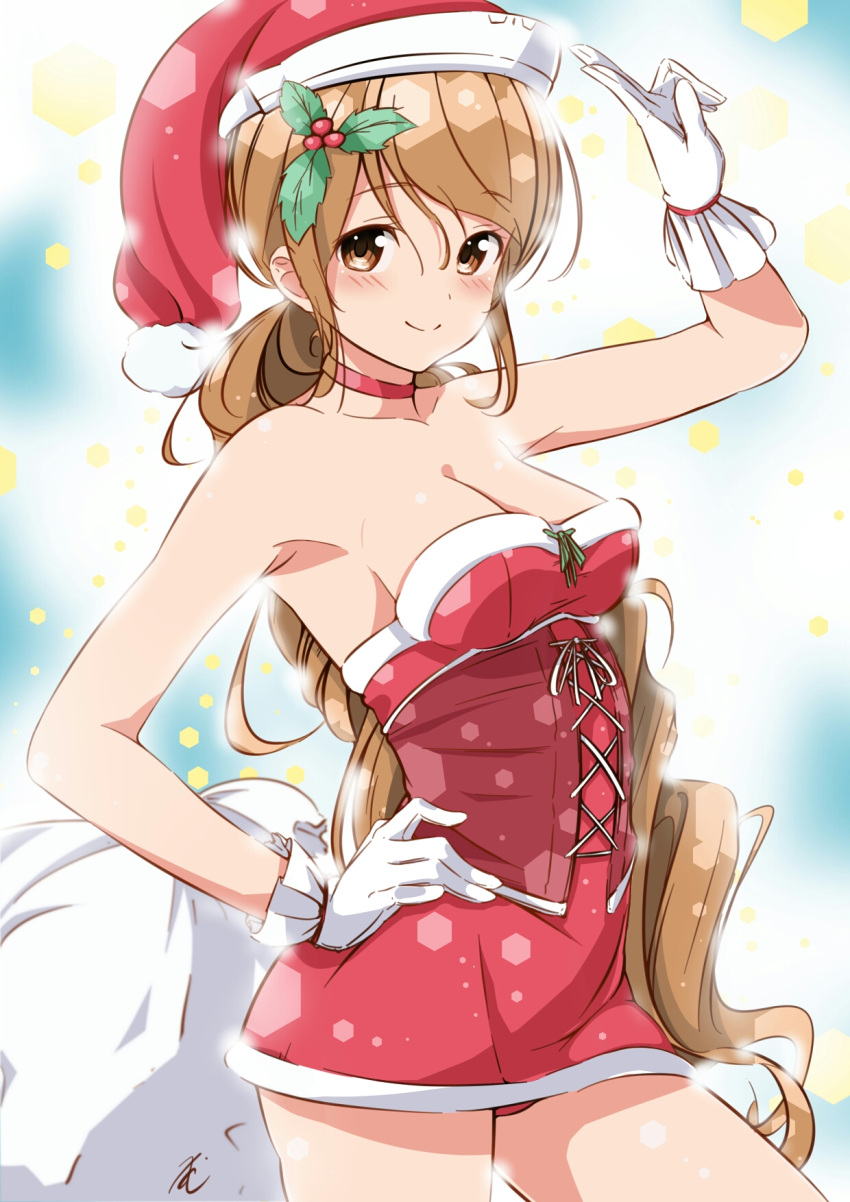 1girl alternate_costume armpits bare_shoulders breasts brown_eyes brown_hair choker cleavage corset gloves hair_ornament hand_on_hip hat highres holly_hair_ornament kantai_collection littorio_(kantai_collection) long_hair looking_at_viewer ponytail sack santa_costume santa_hat sideboob smile snow snowing solo tatusinomu