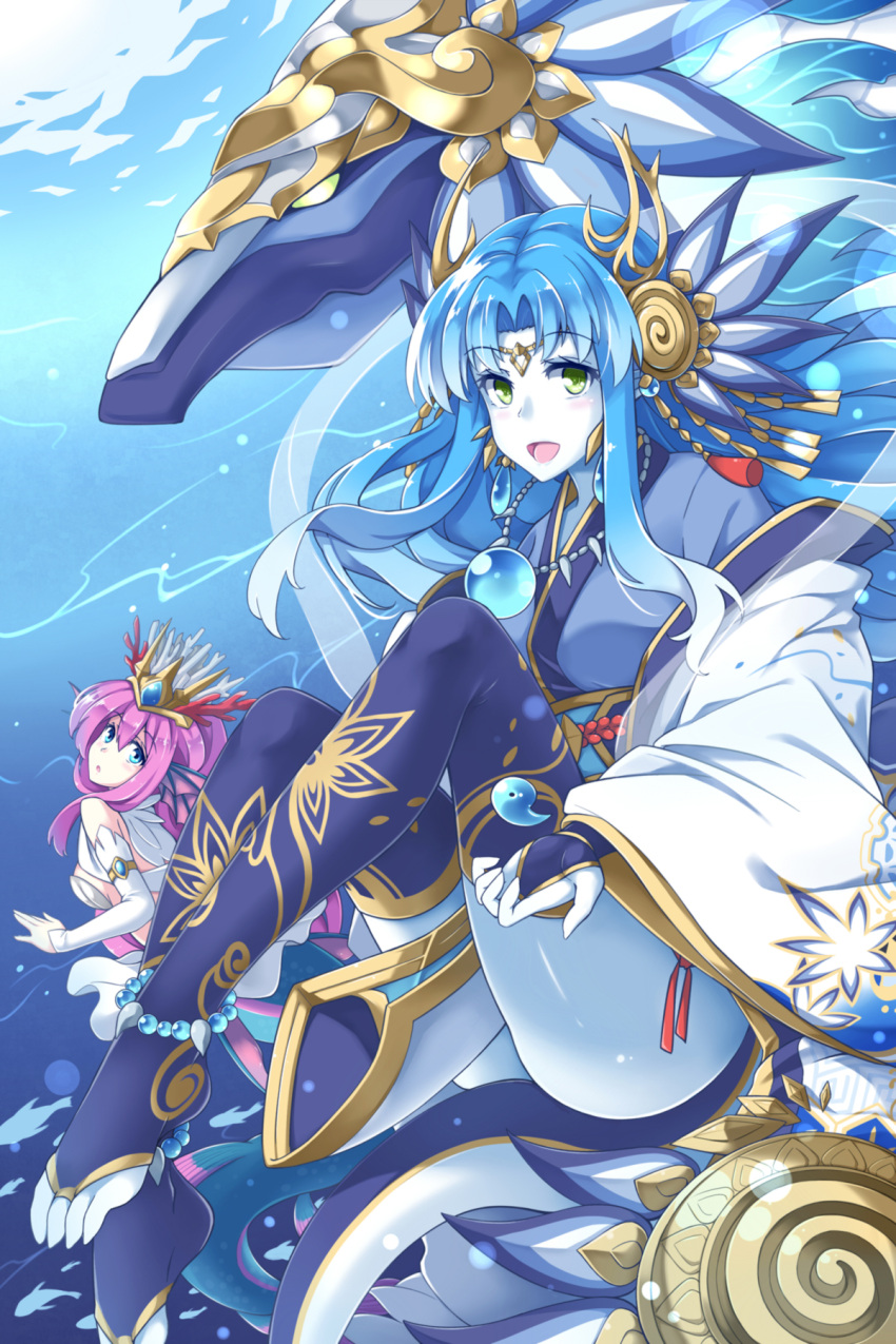 2girls anklet barefoot blue_eyes blue_hair blush circlet claws coral detached_sleeves dragon dragon_girl fish fuku_arashi green_eyes hair_ornament head_fins headdress highres horns japanese_clothes jewelry long_hair looking_at_viewer looking_back magatama mermaid monster_girl multiple_girls necklace open_mouth purple_hair puzzle_&amp;_dragons siren_(p&amp;d) sumire_(p&amp;d) tail thigh-highs tiara underwear wadatsumi_dragon_(p&amp;d) white_skin