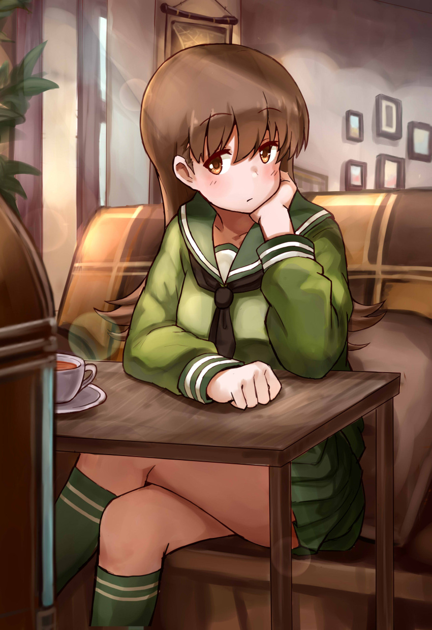 1girl :/ absurdres brown_eyes brown_hair cafe chin_rest couch cup green_legwear head_rest highres jukebox kantai_collection kneehighs legs_crossed long_hair looking_at_viewer okitsugu ooi_(kantai_collection) pleated_skirt revision school_uniform serafuku skirt solo table tea teacup thighs