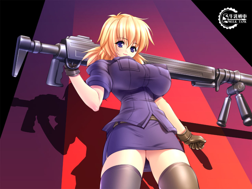 1girl anti-materiel_rifle blonde_hair blue_eyes breasts from_below gloves gun gunner-l hellsing huge_breasts impossible_clothes impossible_shirt rifle seras_victoria shirt short_hair smile sniper_rifle solo thigh-highs uniform wallpaper weapon zettai_ryouiki