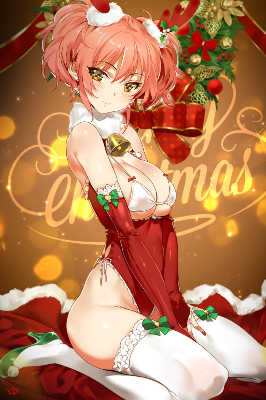 1girl alternate_costume antlers bare_shoulders bell blush bra breasts brown_eyes christmas earrings fake_horns gift_wrapping green_shoes high_heels highres idolmaster idolmaster_cinderella_girls jewelry jougasaki_mika large_breasts looking_at_viewer merry_christmas mistletoe no_panties pink_hair revision shoes smile solo sparkle star star_earrings thigh-highs two_side_up underwear white_bra white_legwear yang-do