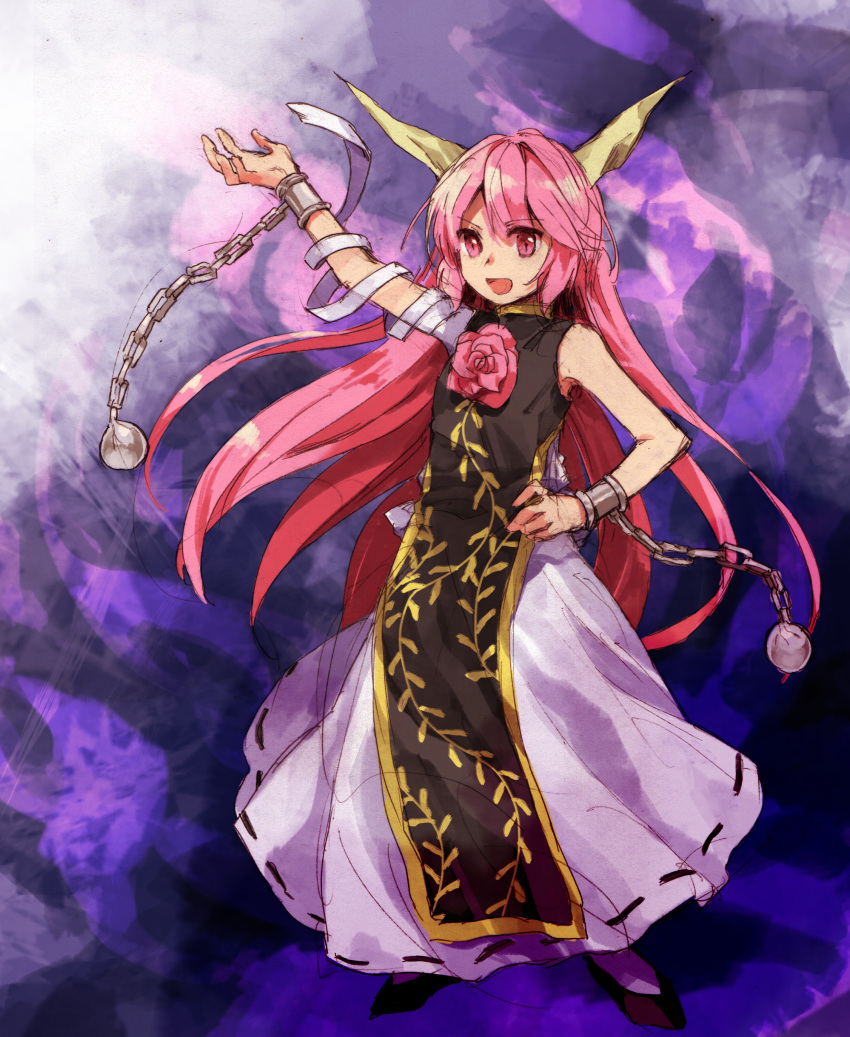 1girl absurdres arm_up bandages black_footwear black_tabard commentary_request cuffs dress flat_chest flower full_body hand_on_own_hip highres horns ibaraki_douji's_arm kaigen_1025 long_hair open_mouth pink_eyes pink_flower pink_hair pink_rose ribbon-trimmed_dress rose shackles smile solo tabard touhou white_dress
