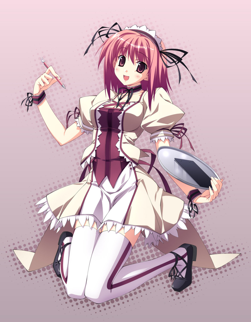 blush dress highres mechanical_pencil miyatsuki_itsuka pencil ribbon smile thigh-highs waitress