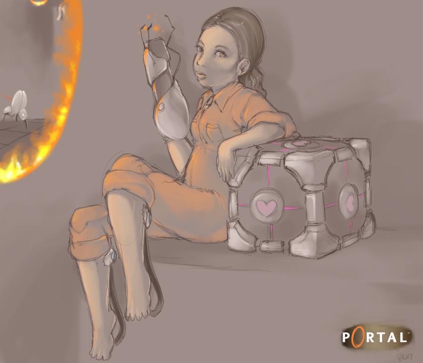 brown_eyes brown_hair chell cube heart highres jumpsuit long_hair ponytail portal portal_(object) sleeves_rolled_up turret_(portal) valve weighted_companion_cube