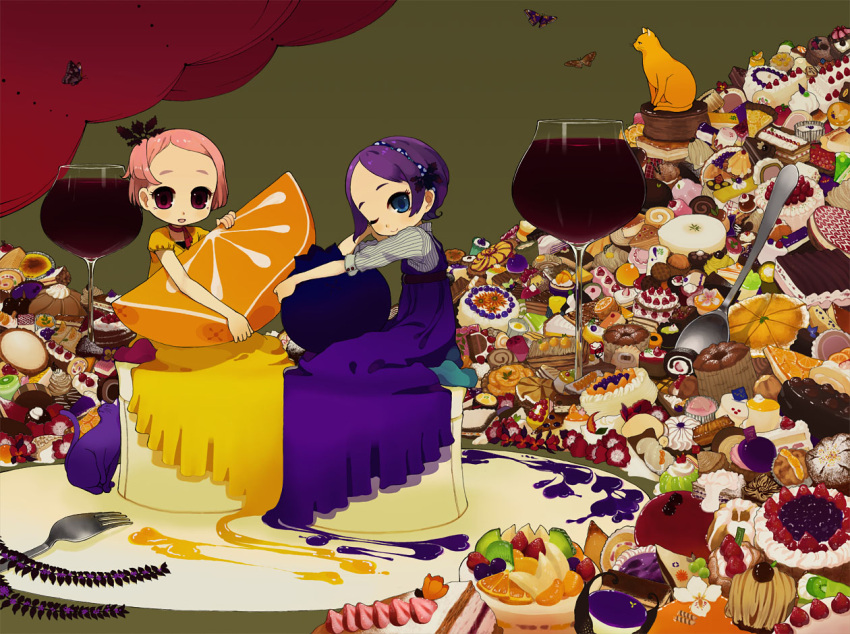 2girls alcohol blueberry cake cat cream_puff cup drinking_glass flower food food_themed_clothes fruit ichikawa in_food kiwifruit macaron minigirl mont_blanc_(food) multiple_girls orange original pastry pink_hair purple_hair short_hair socks spoon strawberry wine wine_glass