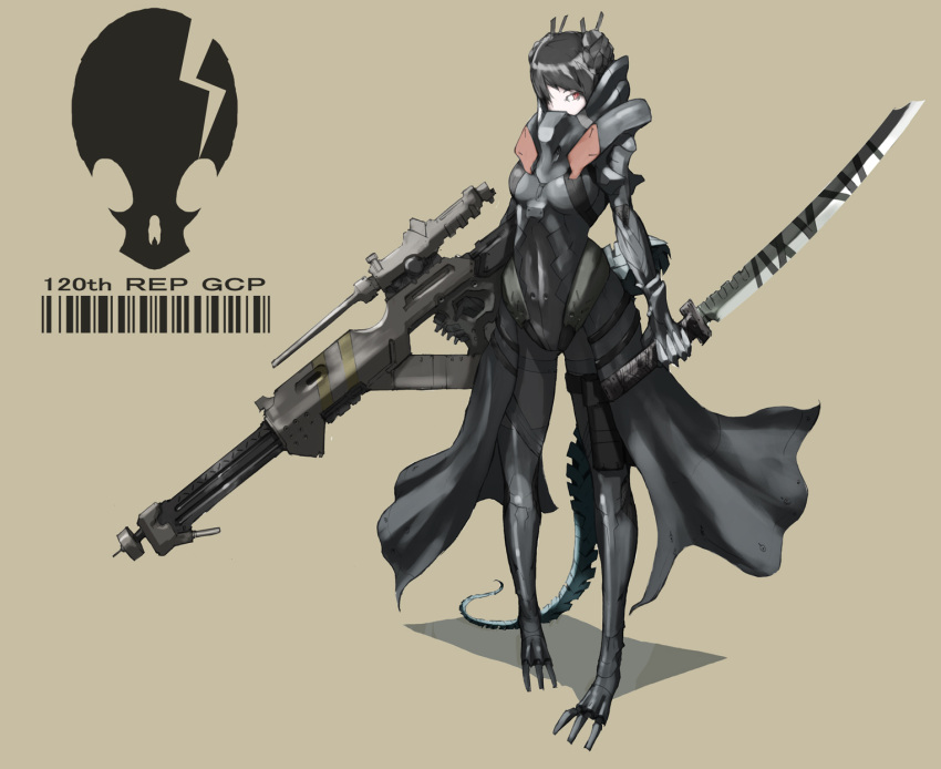 1girl armor barcode cyborg gun highres inawata original rifle science_fiction solo sword weapon