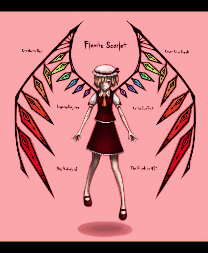 1girl bad_id blonde_hair character_name engrish female flandre_scarlet gia hair_over_one_eye hat highres letterboxed mary_janes ranguage red_eyes shoes simple_background skinny solo touhou wings