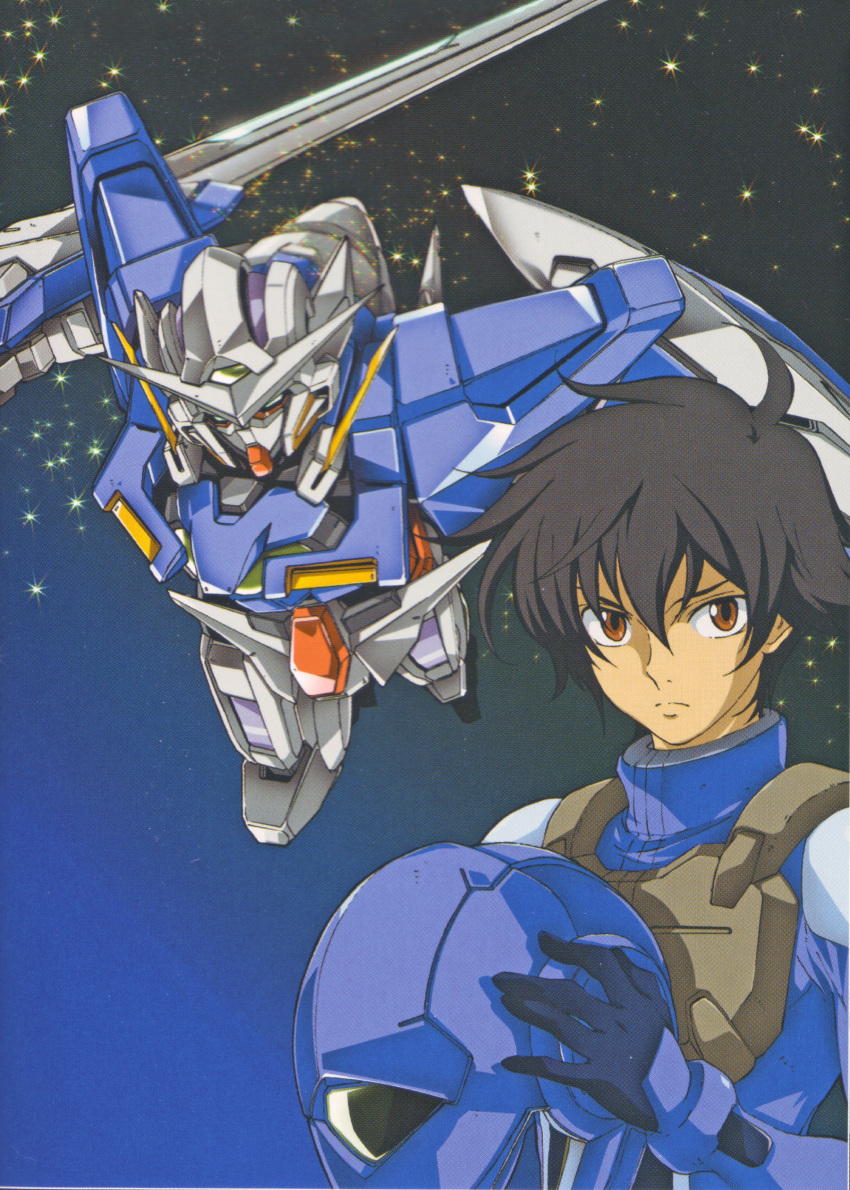 1boy absurdres exia gundam gundam_00 helmet highres male_focus mecha scan setsuna_f_seiei solo