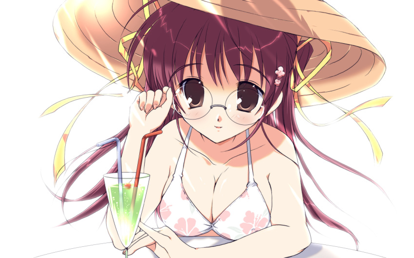 1girl adjusting_glasses bikini bikini_top breasts brown_eyes cleavage drink drinking_straw glass glasses hair_ornament hat highres huge_breasts long_hair looking_at_viewer mikeou purple_hair simple_background smile_summer solo swimsuit wallpaper widescreen