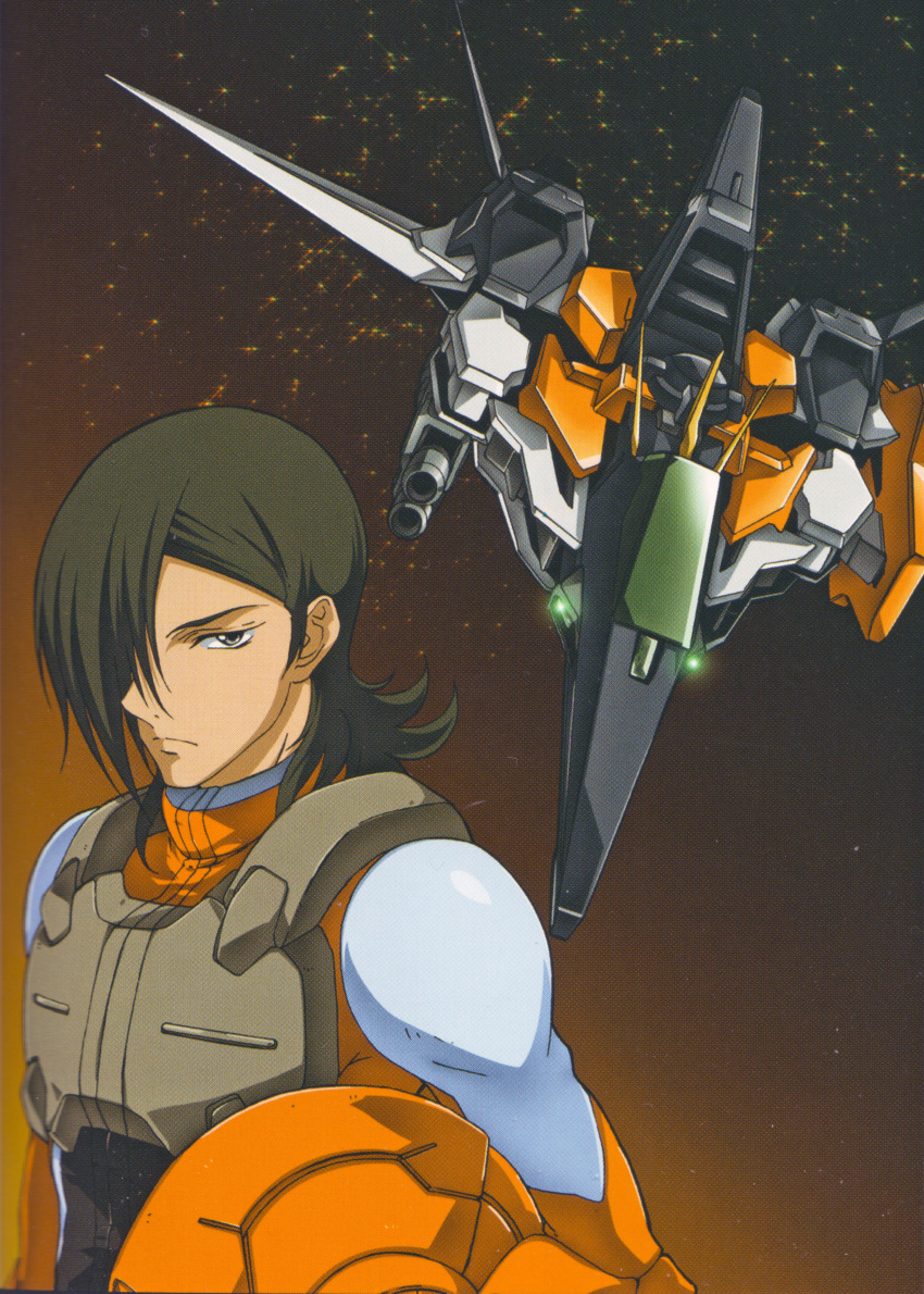 1boy absurdres allelujah_haptism chiba_michinori green_hair gundam gundam_00 gundam_kyrios hair_over_one_eye helmet highres male_focus mecha official_art solo