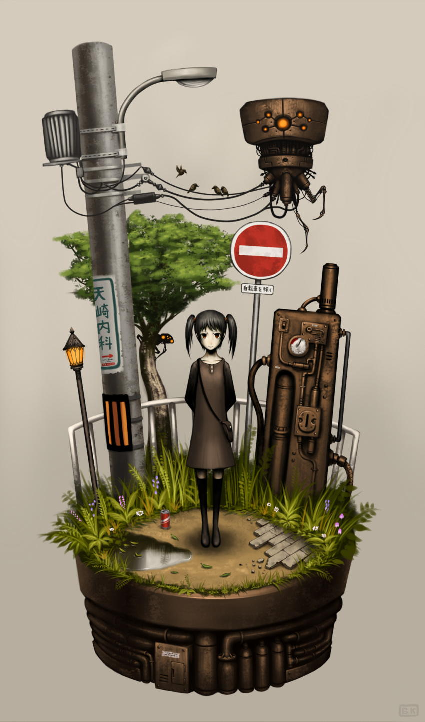 1girl arms_behind_back bag bird black_hair can floating_island flower gia grass highres lamppost machine puddle road_sign sign solo twintails water