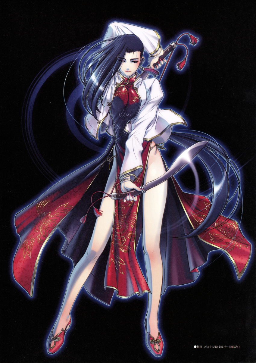 1girl absurdres arm_up black_hair black_lagoon breast_squeeze breasts china_dress chinese_clothes cleavage dress dual_wielding eyeshadow fingernails highres hiroe_rei jacket kukri large_breasts legs lipstick loincloth long_fingernails long_hair long_legs makeup nail nail_polish official_art panties red_nails scan shenhua shiny shiny_clothes shoes side-tie_panties side_slit simple_background solo sword thighs turtleneck twin_kukri underwear very_long_hair weapon