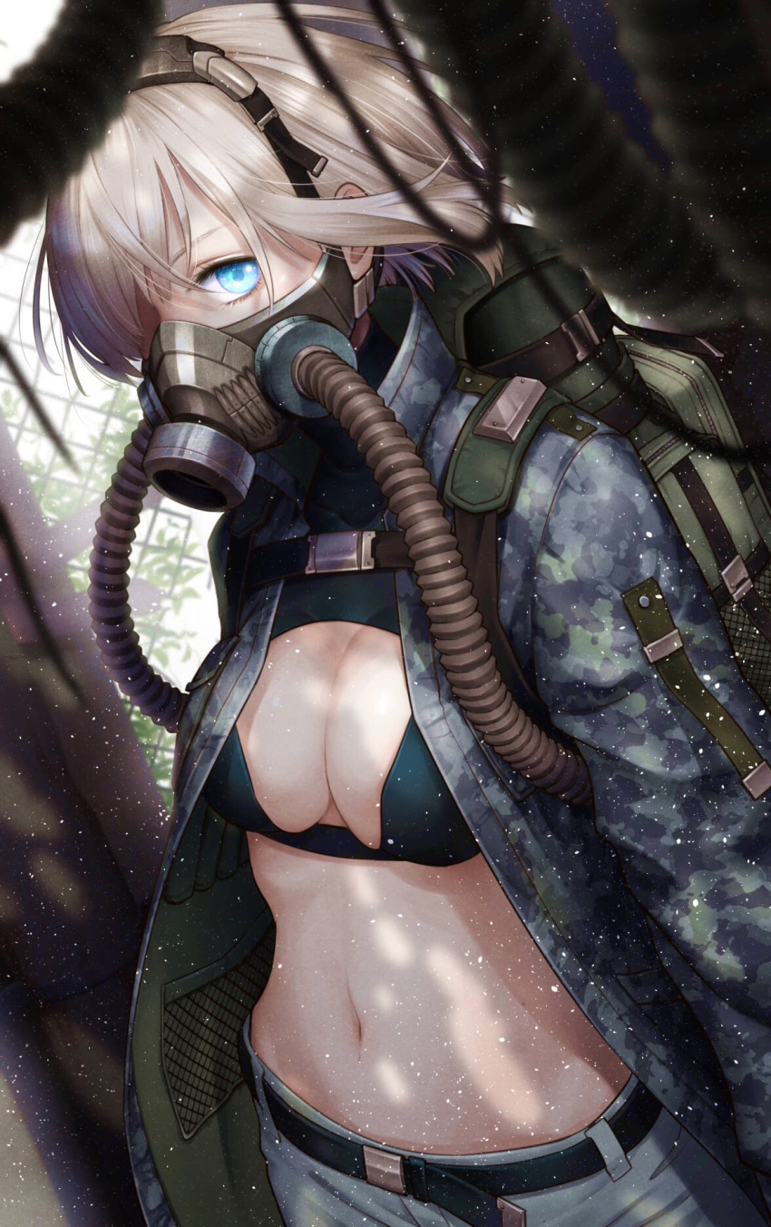 1girl backpack bag bangs belt bikini_top blue_eyes blurry breasts camouflage camouflage_jacket chain-link_fence cleavage_cutout covered_mouth day depth_of_field dutch_angle fence fishnets gas_mask hair_over_one_eye highres jacket kalua light_particles looking_at_viewer midriff navel one_eye_covered open_clothes open_jacket original short_hair silver_hair solo tube upper_body