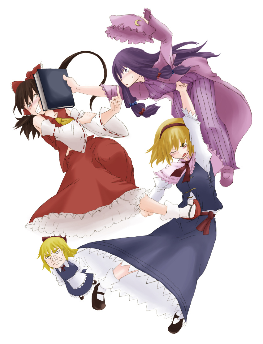 3girls absurdres alice_margatroid apron battle blonde_hair book bow brown_eyes brown_hair capelet chomoran colored crescent_moon detached_sleeves doll dress female futami_yayoi hair_bow hair_ribbon hairband hakurei_reimu hat highres japanese_clothes kicking mary_janes middle_finger miko moon multiple_girls patchouli_knowledge punching purple_hair ribbon shanghai_doll shoes tears touhou violet_eyes wink yellow_eyes