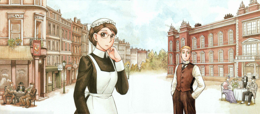 3girls 6+boys butler eleanor_campbell emma emma_(victorian_romance_emma) glasses grace_jones hat highres maid mori_kaoru multiple_boys multiple_girls official_art pipe richard_jones scan stevens victorian victorian_romance_emma william_jones