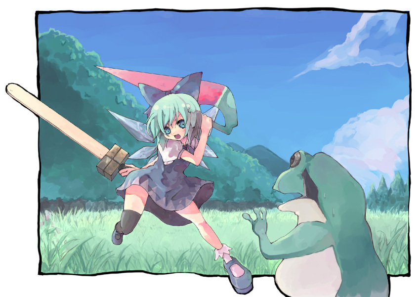 advent_cirno asymmetrical_clothes bad_id blue_eyes blue_hair cirno female frog milcoco ribbon short_hair single_thighhigh sword thigh-highs touhou weapon wings
