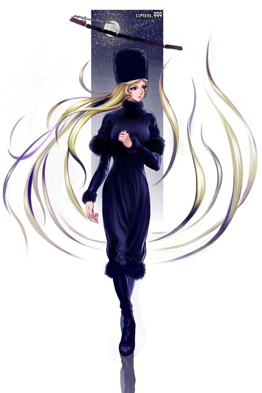 blonde_hair boots diolemonde dress floating_hair fur_hat ginga_tetsudou_999 hat highres long_hair maetel moon space star train very_long_hair walking