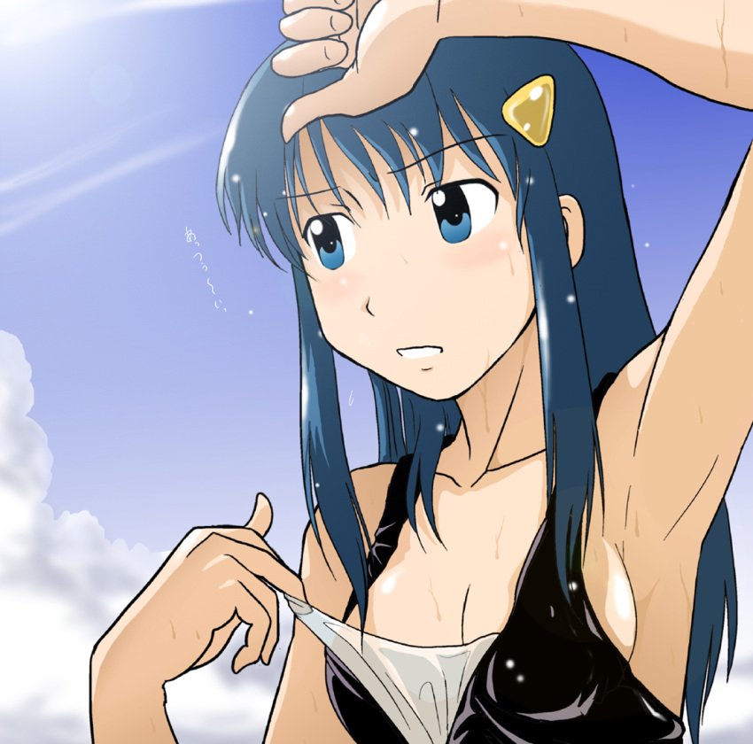1girl armpits blue_eyes blue_hair hikari_(pokemon) hot kakkii pokemon shirt_pull solo sweat sweating wet wiping_sweat