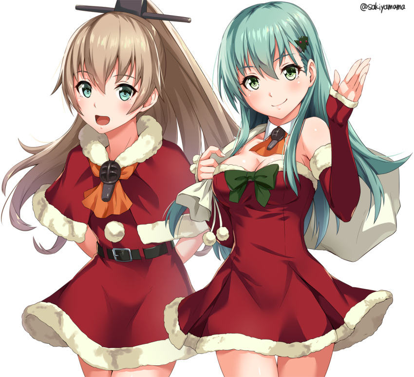 2girls :d aqua_eyes aqua_hair arm_warmers arms_behind_back artist_name ascot bare_shoulders belt belt_buckle blush bow breasts brown_hair buckle capelet carrying christmas_tree_hair_ornament cleavage closed_mouth cowboy_shot detached_collar dress eyebrows_visible_through_hair fur_trim green_bow hair_ornament hairclip kantai_collection kumano_(kantai_collection) leaning_forward long_hair looking_at_viewer medium_breasts multiple_girls open_mouth over_shoulder pom_pom_(clothes) ponytail red_dress sack sakiyamama santa_costume simple_background smile standing strapless strapless_dress suzuya_(kantai_collection) thigh_gap twitter_username waving white_background wing_collar