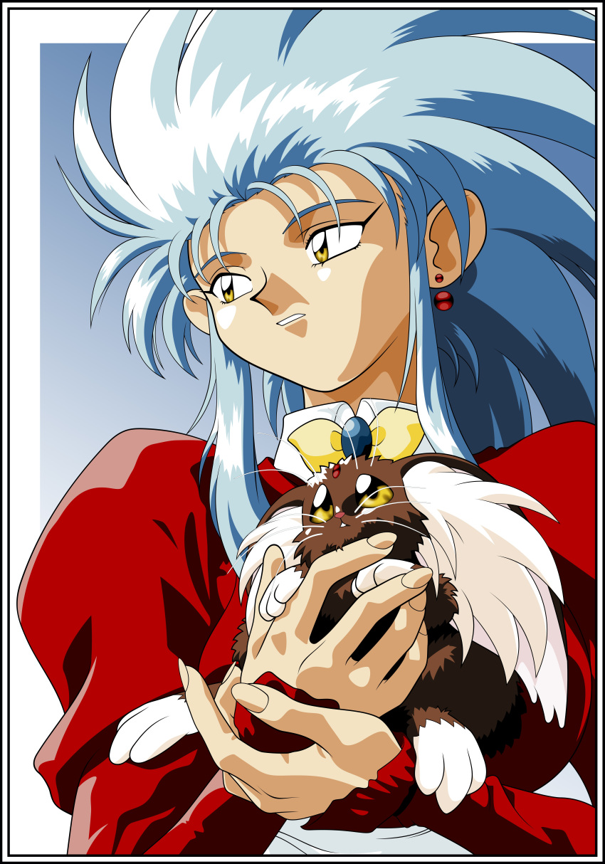1girl 90s absurdres blue_hair highres incredibly_absurdres jewelry ryou-ouki ryouko_(tenchi_muyou!) single_earring spiky_hair tenchi_muyou! vector_trace yellow_eyes