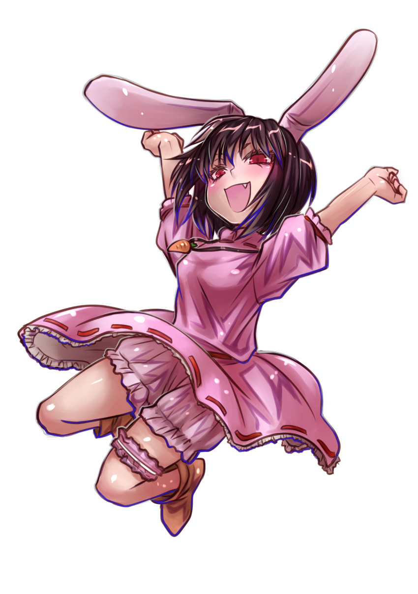 1girl absurdres animal_ears arms_up bangs blush breasts brown_footwear carrot_necklace commentary_request dress floppy_ears frilled_sleeves frills full_body hair_between_eyes highres inaba_tewi jumping looking_at_viewer open_mouth pink_dress puffy_short_sleeves puffy_sleeves rabbit_ears rabbit_girl red_eyes ribbon-trimmed_dress shoes short_hair short_sleeves simple_background small_breasts smile solo thigh_strap touhou white_background yuuki_hiyayako