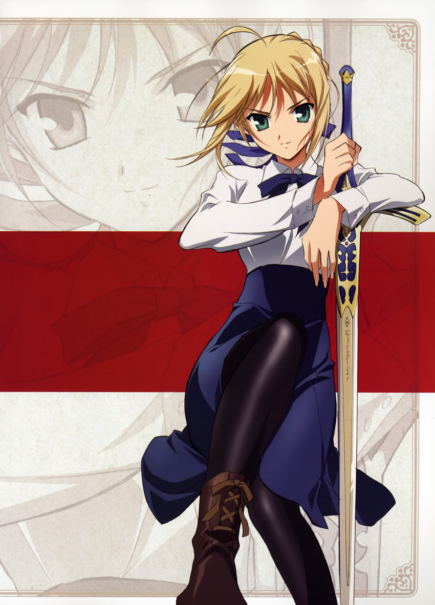 ahoge blonde_hair boots fate/stay_night fate_(series) fujii_maki green_eyes highres pantyhose saber sword weapon