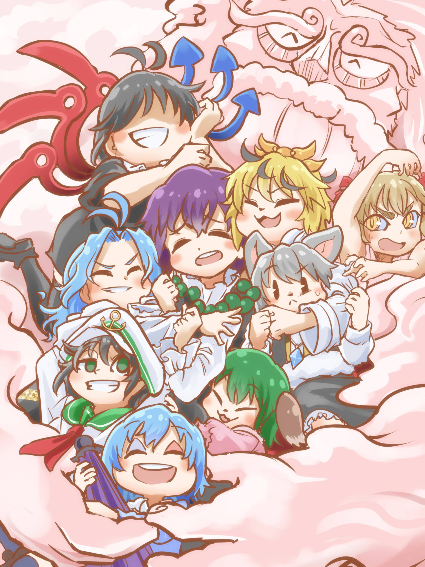 1boy 6+girls :&lt; :3 ^_^ absurdres anchor_symbol animal_ears antenna_hair asymmetrical_wings black_hair blonde_hair blue_hair blush chamaji closed_eyes commentary diamond_(shape) dog_ears eyebrows_visible_through_hair facial_hair gradient_hair green_eyes green_hair grey_hair grin group_hug hair_between_eyes hair_ribbon hat highres hijiri_byakuren houjuu_nue hug jewelry karakasa_obake kasodani_kyouko kumoi_ichirin long_sleeves mouse_ears multicolored_hair multiple_girls murasa_minamitsu mustache nazrin neckerchief necklace no_eyes open_mouth purple_hair ribbon round_teeth sailor_collar sailor_hat shaded_face shoes short_hair short_sleeves skirt sleeveless smile streaked_hair sweat tatara_kogasa teeth thigh-highs toramaru_shou touhou umbrella unzan vest wide_sleeves wings yellow_eyes yorigami_jo'on