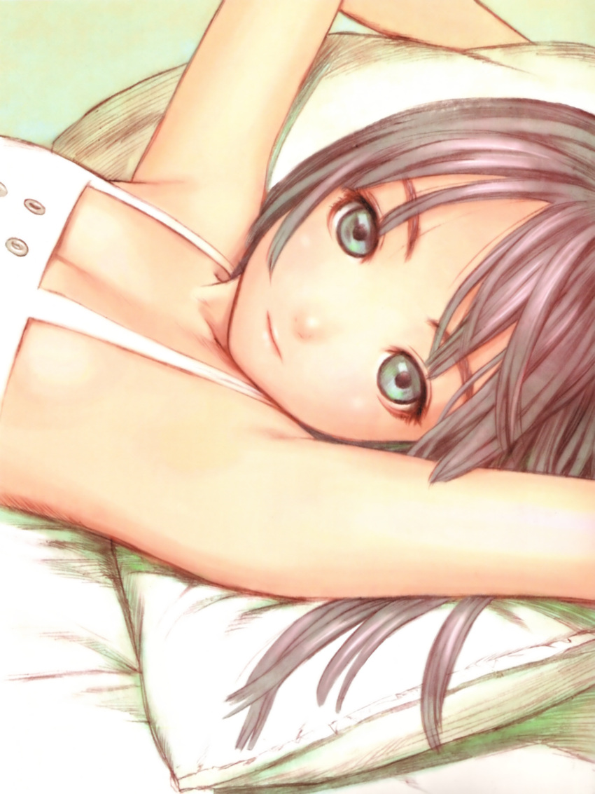 armpits bare_shoulders black_hair dress flat_chest green_eyes highres lying murata_renji pillow range_murata