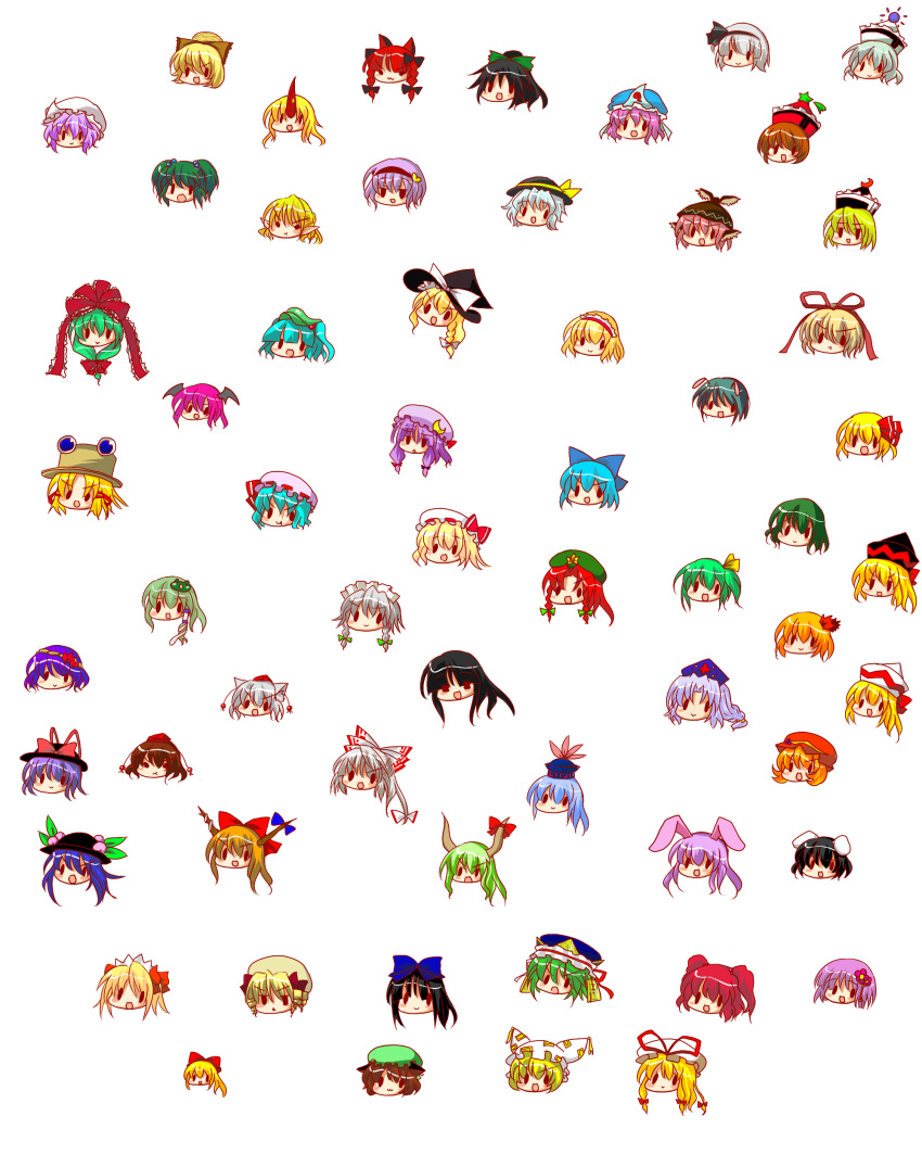 absurdres aki_minoriko aki_shizuha alice_margatroid animal_ears black_hair blonde_hair blue_hair bow brown_hair buuwa cat_ears chen chibi cirno daiyousei everyone ex-keine ex_keine flandre_scarlet frog_hair_ornament front_ponytail fujiwara_no_mokou green_hair hair_bow hair_ornament hair_ribbon hakurei_reimu hat head headpiece hieda_no_akyuu highres hinanawi_tenshi hong_meiling horns hoshiguma_yuugi houraisan_kaguya ibuki_suika inaba_tewi inubashiri_momiji izayoi_sakuya kaenbyou_rin kagiyama_hina kamishirasawa_keine kawashiro_nitori kazami_yuuka kirisame_marisa kisume koakuma kochiya_sanae komeiji_koishi komeiji_satori konpaku_youmu kurodani_yamame leaf leaf_on_head letty_whiterock lily_black lily_white long_hair luna_child lunasa_prismriver lyrica_prismriver medicine_melancholy merlin_prismriver mizuhashi_parsee moriya_suwako multiple_girls mystia_lorelei nagae_iku no_humans onozuka_komachi open_mouth orange_hair patchouli_knowledge pink_hair purple_hair red_hair reisen_udongein_inaba reiuji_utsuho remilia_scarlet ribbon rumia saigyouji_yuyuko shameimaru_aya shanghai shanghai_doll shikieiki_yamaxanadu short_hair side_ponytail silver_hair solid_circle_eyes star_sapphire sunny_milk tokin_hat touhou wriggle_nightbug yagokoro_eirin yakumo_ran yakumo_yukari yasaka_kanako