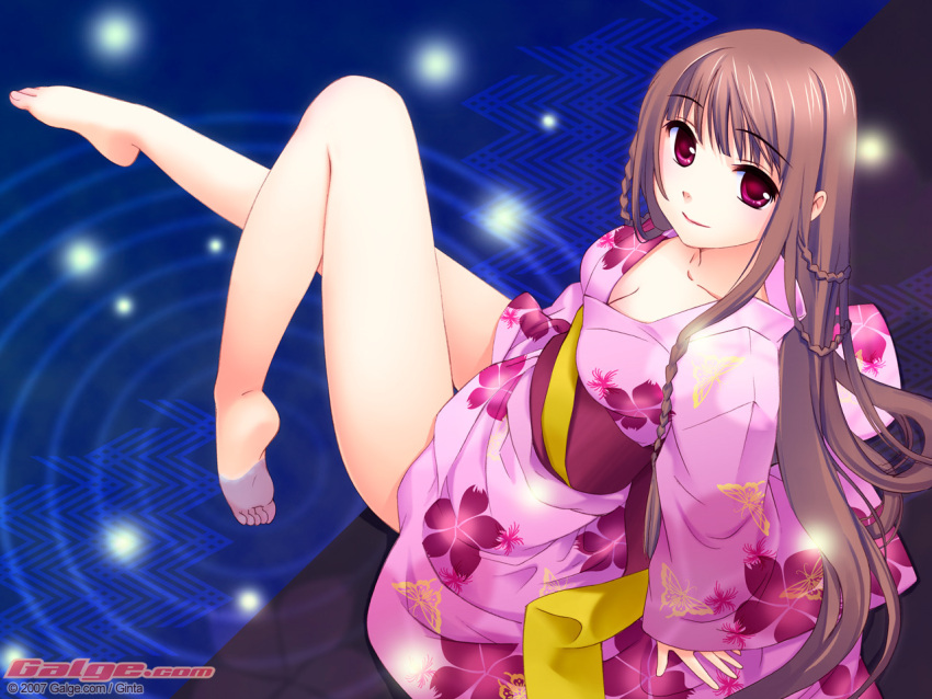 1girl barefoot breasts brown_hair cleavage feet feet_in_water galge.com ginta japanese_clothes kimono legs long_hair medium_breasts red_eyes sitting soaking_feet soles solo toe-point toes wallpaper water