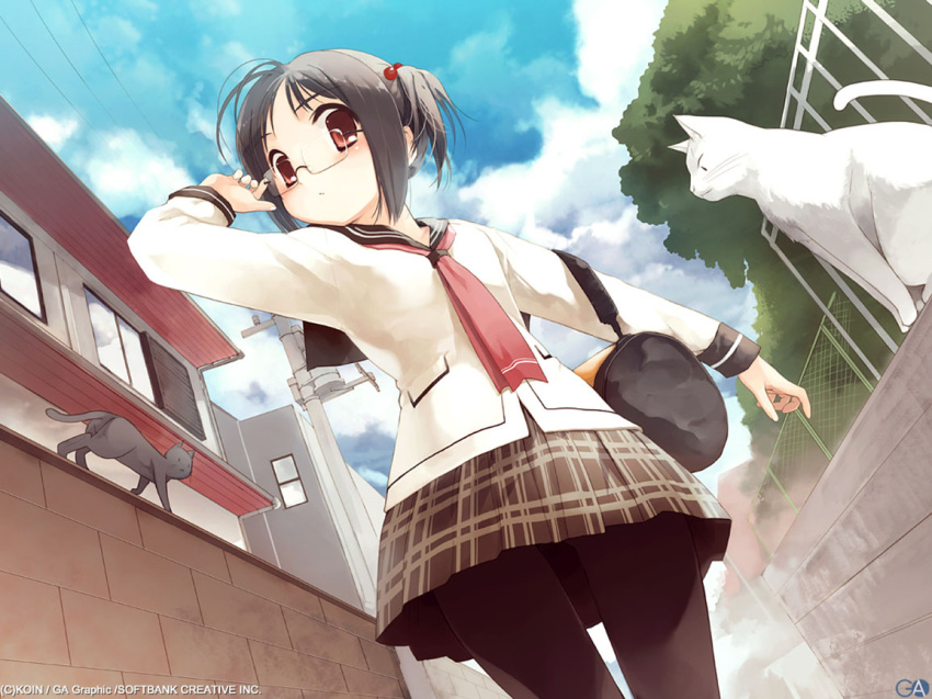 1girl adjusting_glasses arm_up bag blush brown_skirt cat chain-link_fence clouds dutch_angle fence from_below gagraphic glasses grey_hair hair_bobbles hair_ornament house koin_(foxmark) outdoors pantyhose plaid plaid_skirt power_lines red_eyes school_uniform serafuku short_hair side_ponytail silver_hair skirt sky solo standing telephone_pole thigh_gap tree wall wallpaper wallwalking