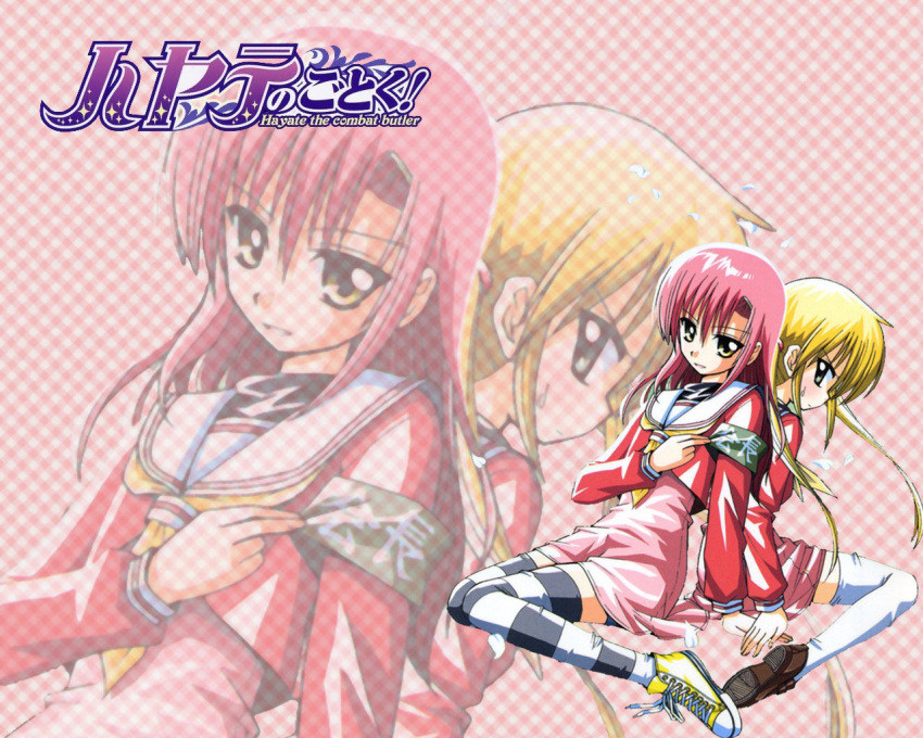 2girls armband ascot back-to-back black_eyes blonde_hair converse copyright_name green_eyes hair_ornament hairpin hand_holding hata_kenjirou hayate_no_gotoku! katsura_hinagiku long_hair long_sleeves multiple_girls petals photoshop pink_eyes pink_hair pink_skirt projected_inset sanzen'in_nagi school_uniform serafuku shoes sitting skirt striped striped_legwear thigh-highs twintails wallpaper white_legwear yellow_eyes