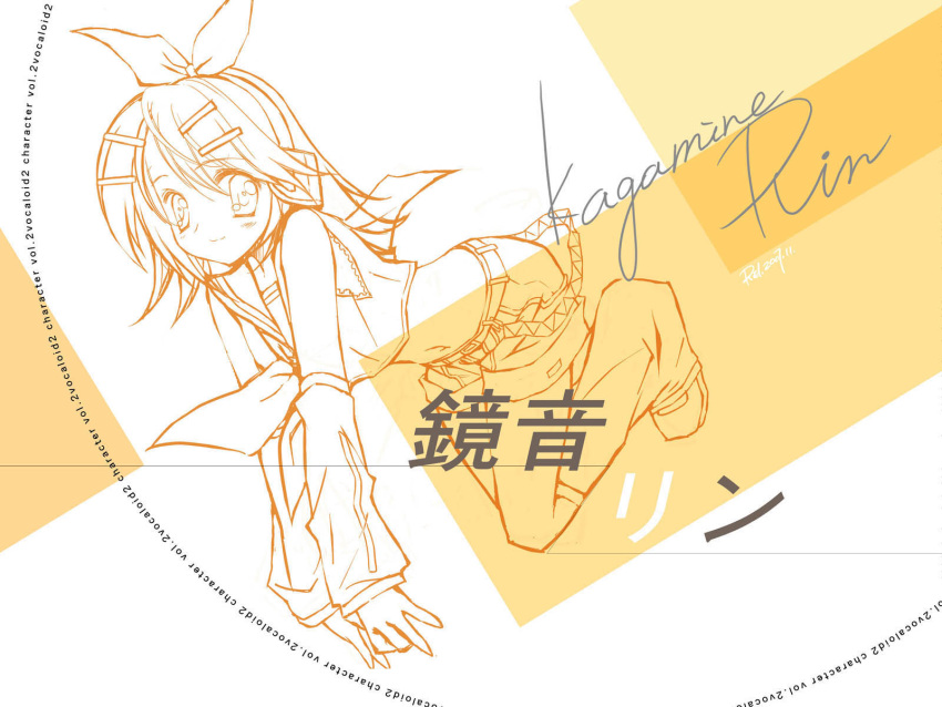 1girl belt blush character_name dated detached_sleeves hair_ornament hair_ribbon hairclip highres kagamine_rin lineart looking_at_viewer monochrome navel orange_(color) rei_(artist) rei_(rei's_room) ribbon shoes short_hair shorts shudou_rima signature smile solo vocaloid yellow