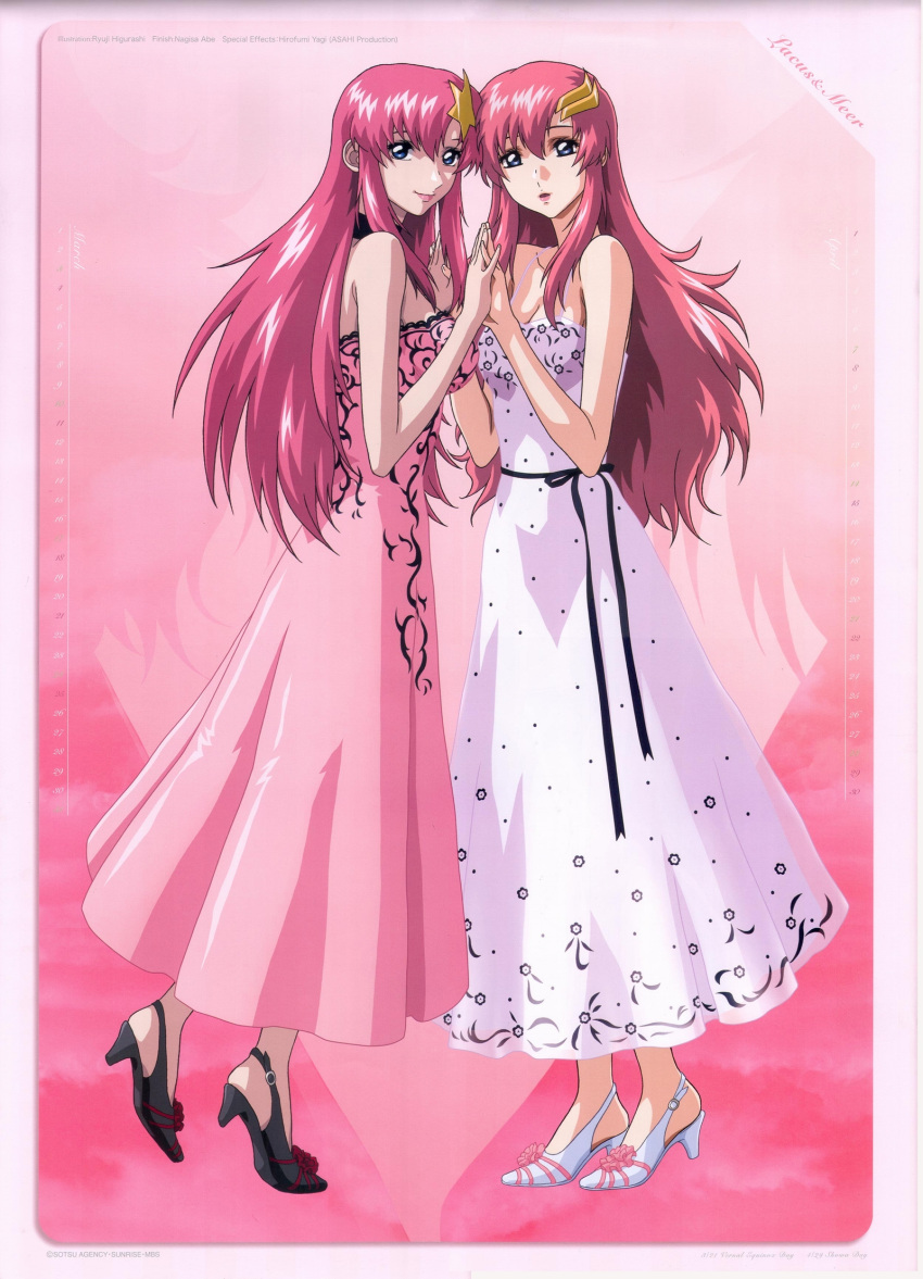 00s 2girls :o alternate_costume april bangs belt blue_eyes breasts calendar choker cleavage dress floral_print flower formal gundam gundam_seed gundam_seed_destiny hair_ornament hand_holding high_heels highres higurashi_ryuuji lace lacus_clyne large_breasts lipstick long_hair looking_at_viewer looking_back makeup march meer_campbell multiple_girls official_art open_mouth parted_bangs pink_hair profile ribbon scan shoes smile standing star star_hair_ornament tiptoes very_long_hair