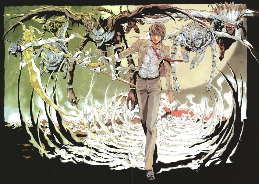 5boys bandage black_eyes bone brown_hair death_note flying full_body highres jacket looking_at_viewer male_focus multiple_boys necktie obata_takeshi pants poster rem ribs ryuk school_uniform scythe serious shinigami shirt short_hair skull walking wind yagami_light