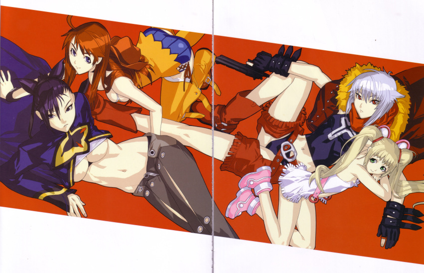 00s 4girls absurdres amy amy_(bakuretsu_tenshi) bakuretsu_tenshi breasts desert_eagle fringe gun hakua_ugetsu handgun highres jo jo_(bakuretsu_tenshi) meg meg_(bakuretsu_tenshi) midriff multiple_girls pistol scan sei sei_(bakuretsu_tenshi) semiautomatic thigh-highs trigger_discipline under_boob weapon