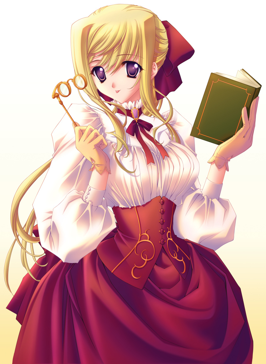 1girl :p absurdres bangs blonde_hair book bow breasts buttons carnelian choker corset dress formal frontier gem glasses gloves gradient gradient_background hair_bow highres holding holding_glasses jewelry large_breasts long_hair looking_at_viewer pince-nez ponytail ribbon scan sidelocks solo standing tongue tongue_out turtleneck very_long_hair violet_eyes
