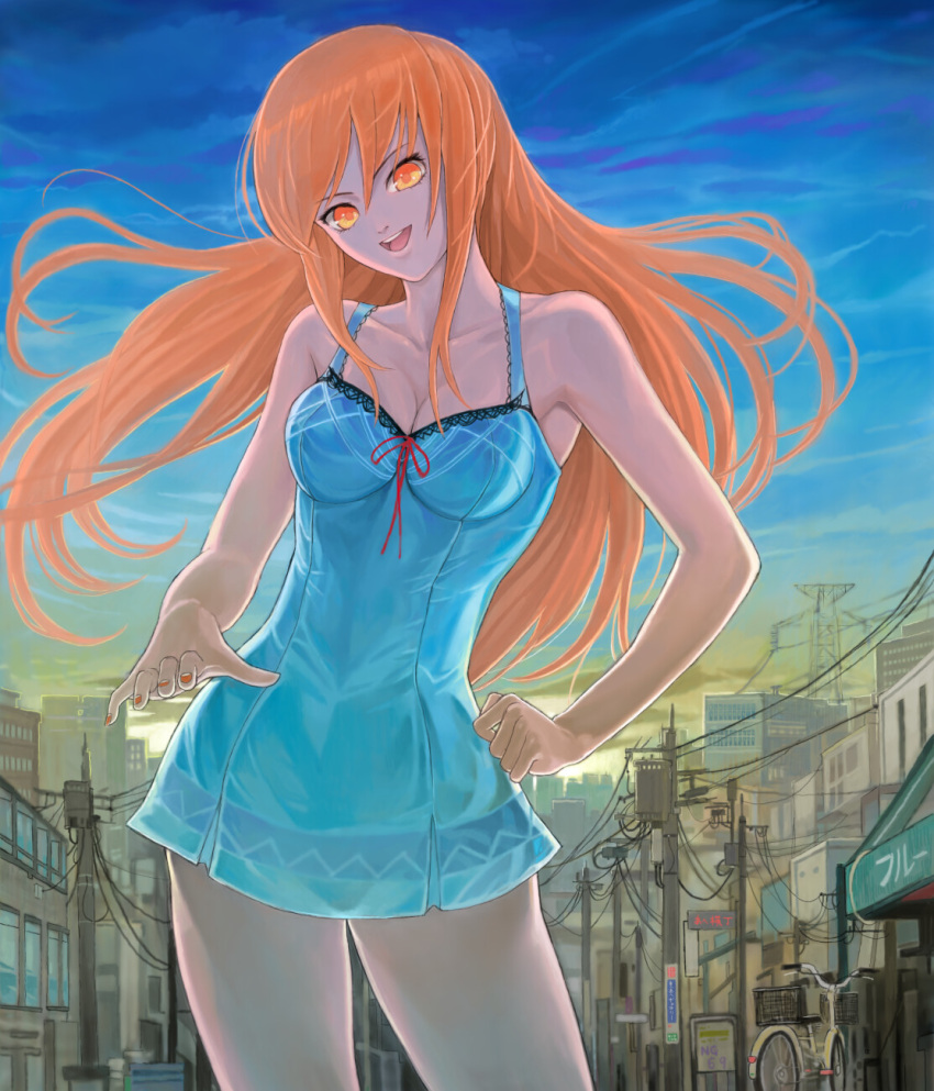 1girl :d armpits backlighting bare_shoulders beatmania beatmania_iidx bicycle blue_skirt blue_sky bow breasts building chemise city cleavage collarbone contrapposto cowboy_shot dress floating_hair ground_vehicle hand_on_hip head_tilt highres lingerie looking_at_viewer medium_breasts nail_polish open_mouth orange_eyes orange_hair orange_nails outdoors power_lines red_bow redhead skirt sky smile solo sunrise telephone_pole thigh-highs thighs town umegiri_iroha underwear