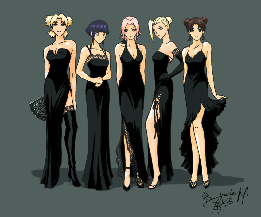 5girls alternate_costume arm_behind_back arms_behind_back artist_request bangs bare_shoulders black_boots black_dress black_gloves black_shoes blonde_hair blue_hair blunt_bangs boots breasts brown_eyes brown_hair cleavage collarbone contemporary double_bun dress earrings elbow_gloves fan female folding_fan formal full_body gloves halterneck hand_on_hip hands_together haruno_sakura high_heel_boots high_heels holding hyuuga_hinata lace lace-trimmed_dress lace-trimmed_gloves large_breasts light_smile long_dress looking_at_viewer medium_breasts multiple_girls naruto no_pupils pink_hair shadow shiny shiny_hair shiny_skin shoes side_slit signature simple_background sleeveless sleeveless_dress smile standing strapless strapless_dress temari tenten thigh-highs thigh_boots white_eyes yamanaka_ino