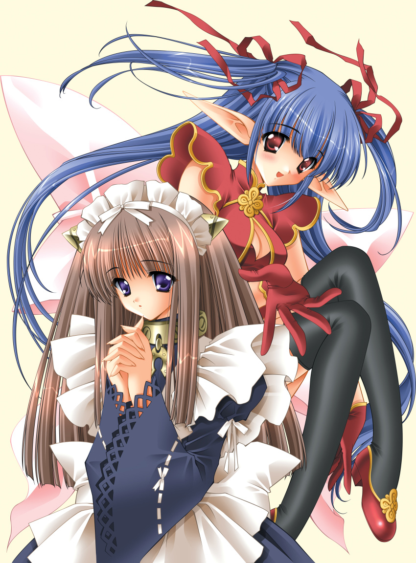 2girls :d :o absurdres apron bangs black_legwear blue_hair blush bow breasts brown_hair carnelian china_dress chinese_clothes choker cleavage cleavage_cutout collar dress elf fairy_factory foreshortening frontier gloves hair_ribbon hands_clasped high_heels highres lace long_hair looking_at_viewer maid maid_apron maid_headdress multiple_girls open_mouth outstretched_hand pointy_ears quad_tails ribbon scan seika_(fairy_factory) shiny shiny_hair shoes short_twintails sidelocks simple_background sitting smile standing thigh-highs touka_(fairy_factory) turtleneck twintails very_long_hair violet_eyes wide_sleeves