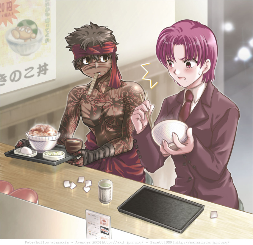 1boy 1girl avenger bazett_fraga_mcremitz fate/hollow_ataraxia fate/stay_night fate_(series) formal full_body_tattoo highres pant_suit shirtless suit tattoo